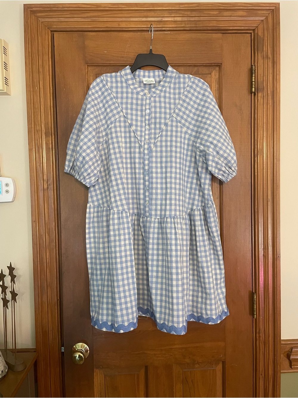 New’M Women’s Gingham Button-Front Dress in Blue and White Rick Rack Trim Size L